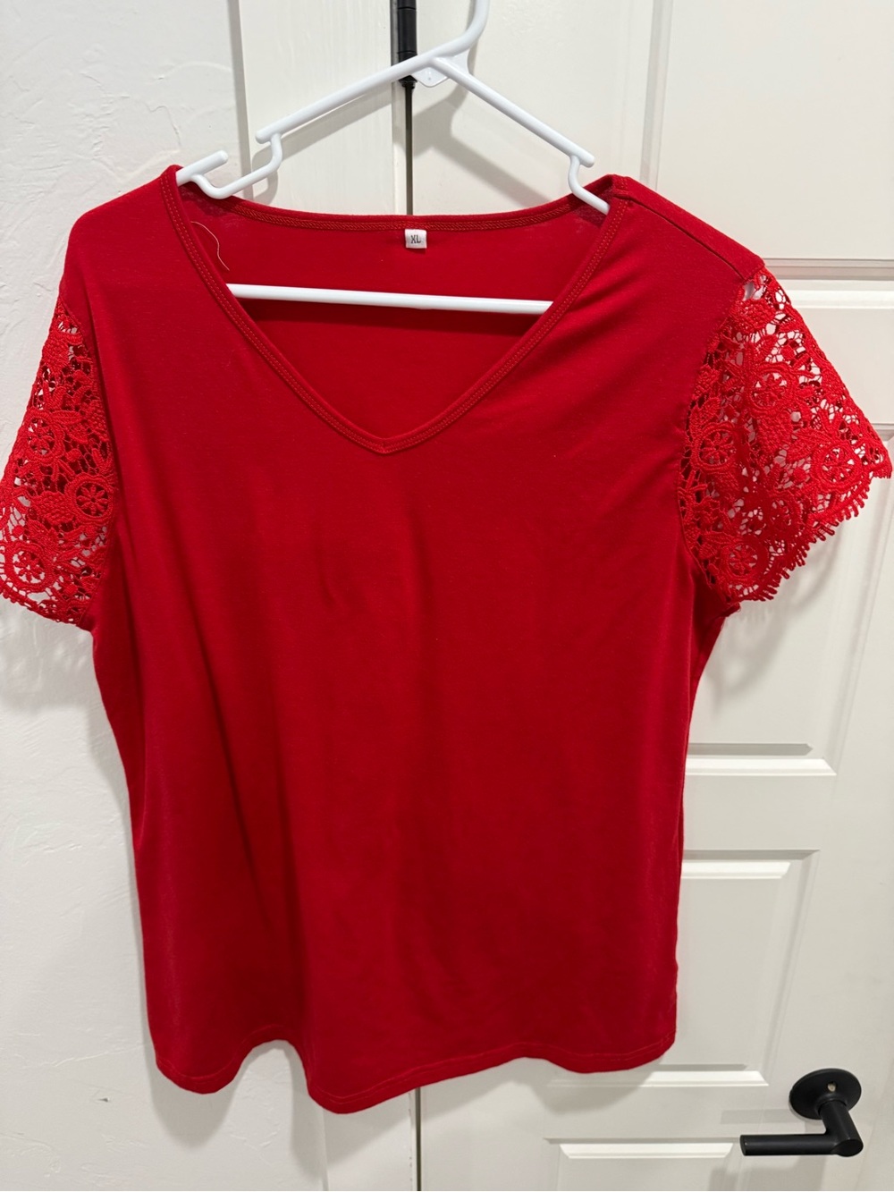 T.J.Maxx Red V-Neck Top with Crochet Short Sleeves